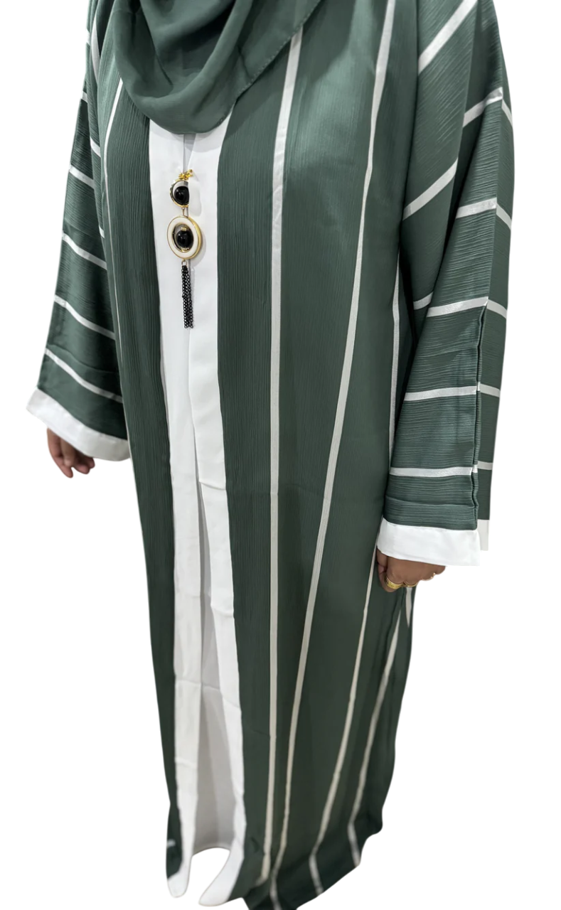 Green Layered Abaya with Stripes
