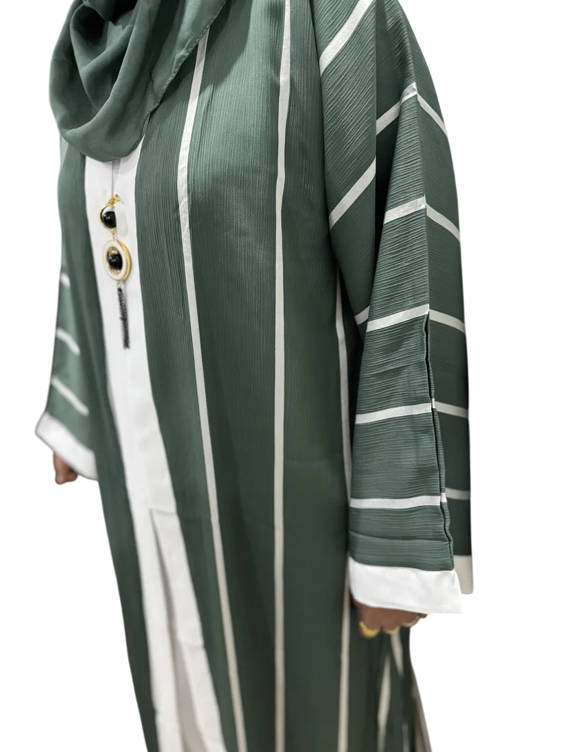 Green Layered Abaya with Stripes