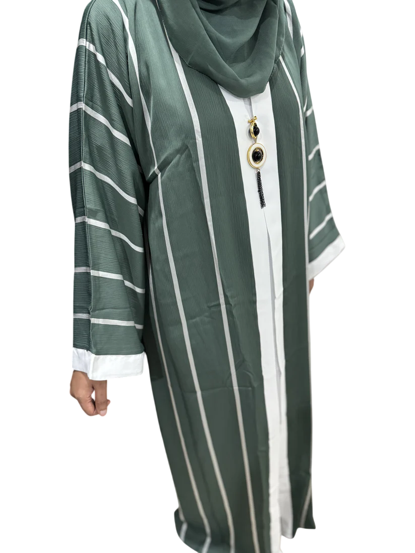 Green Layered Abaya with Stripes