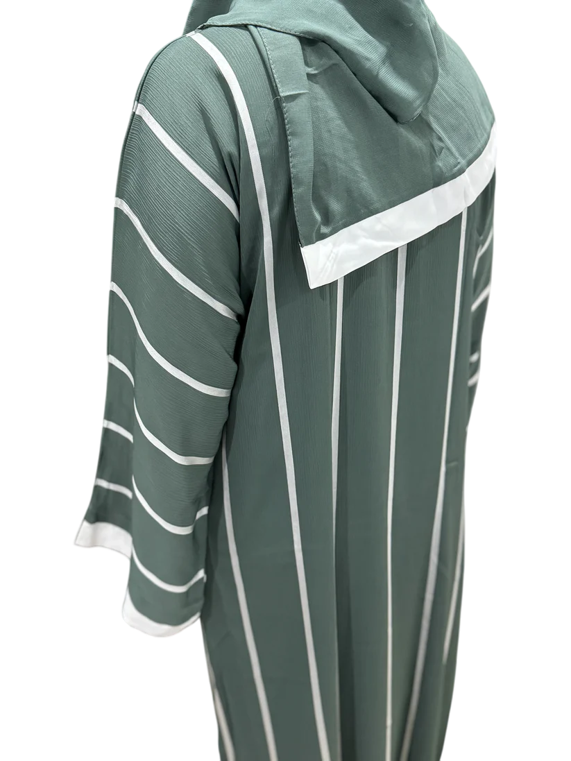 Green Layered Abaya with Stripes