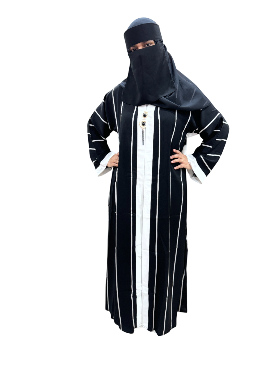 Black Layered Abaya with Stripes