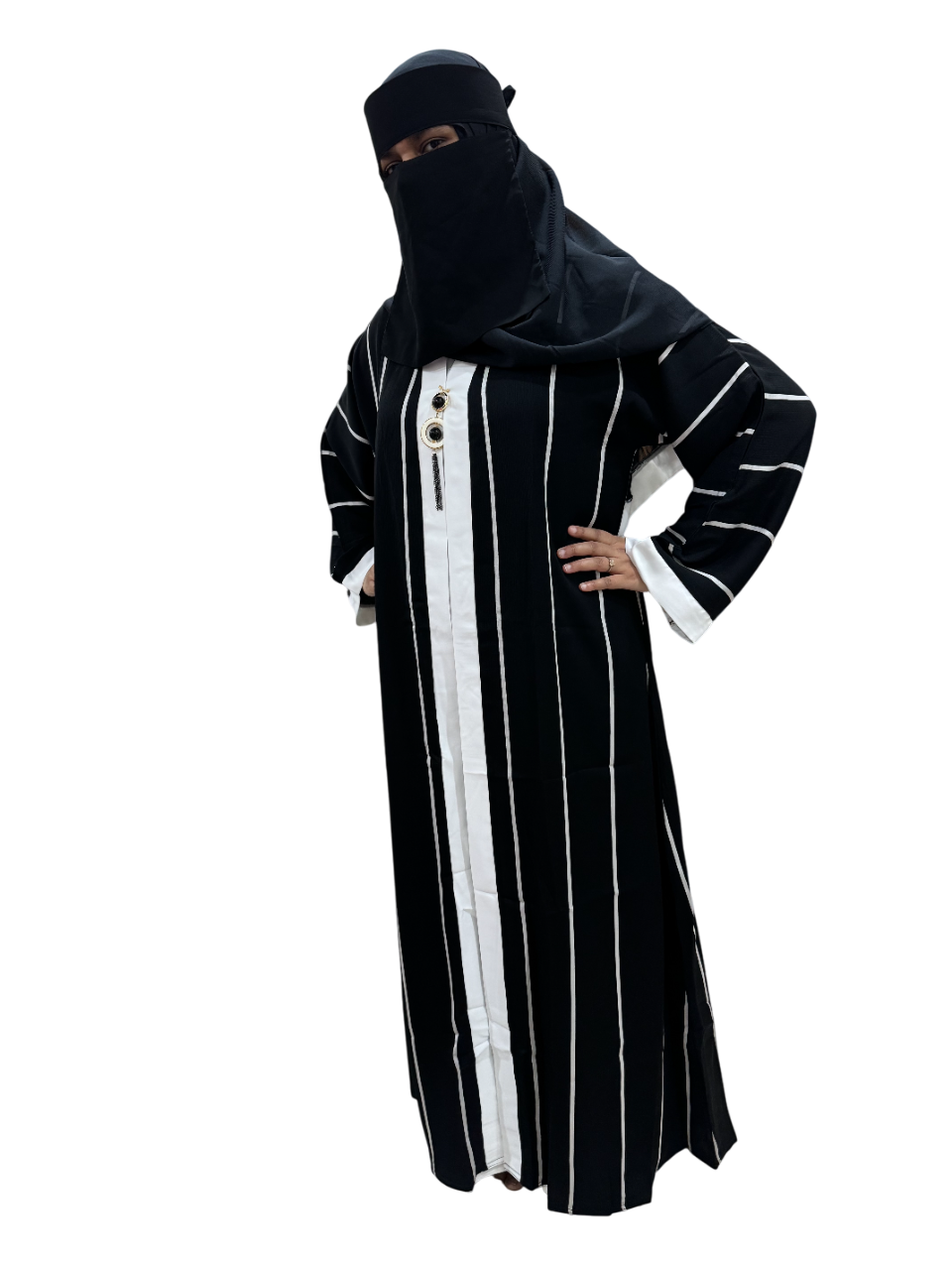 Black Layered Abaya with Stripes