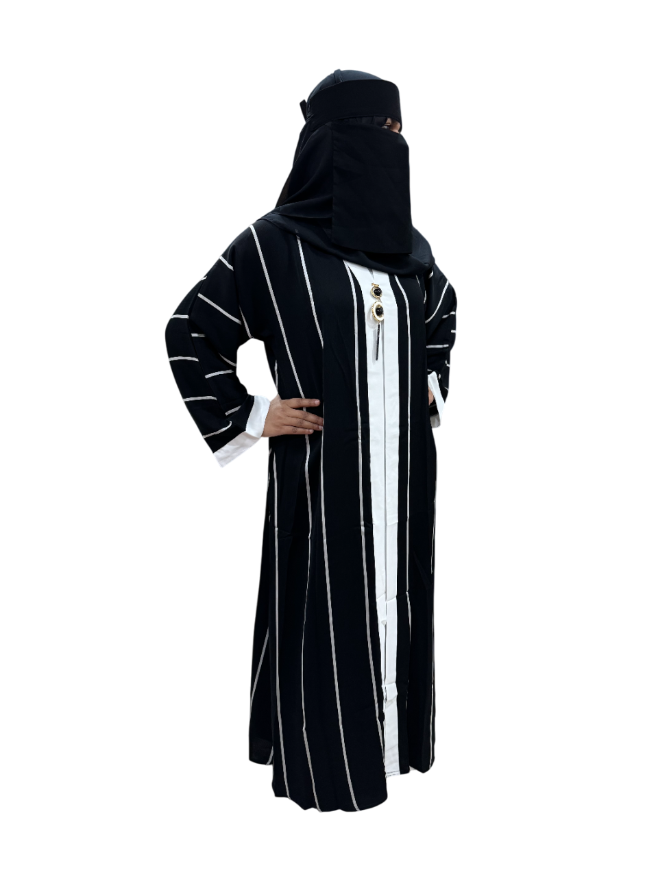 Black Layered Abaya with Stripes