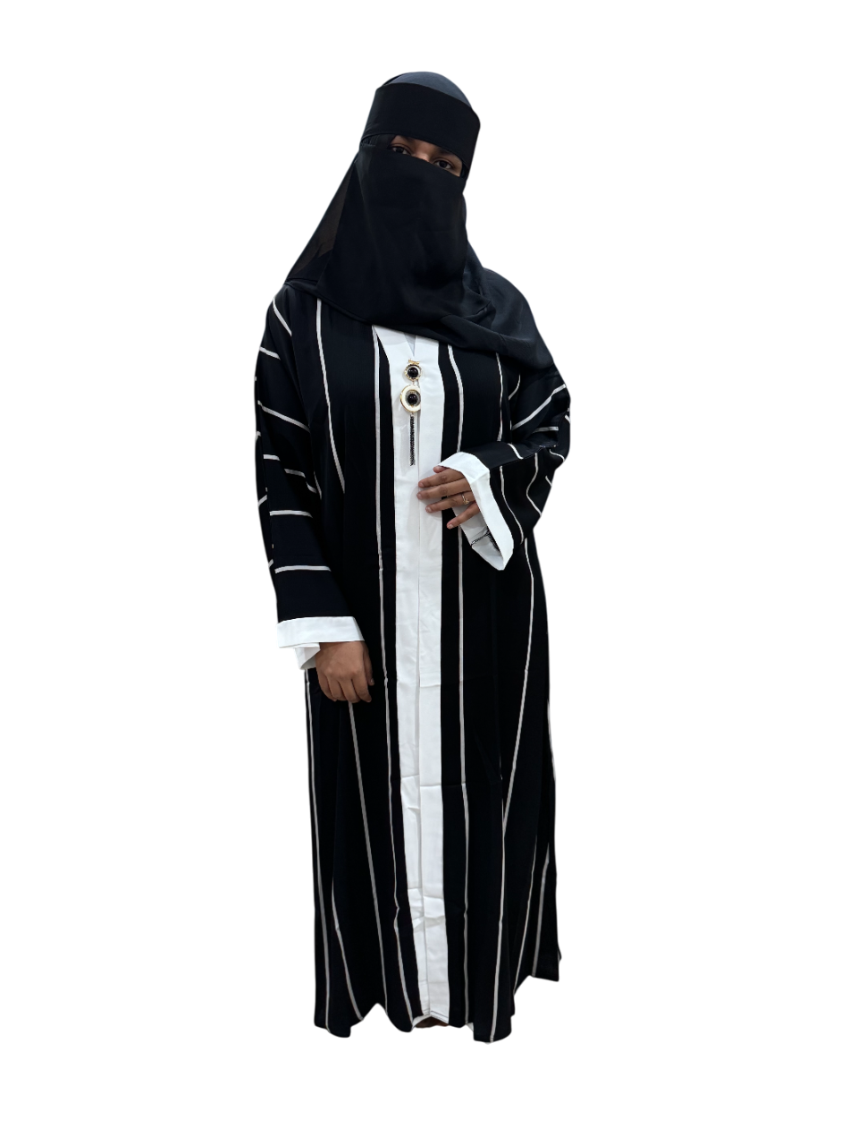 Black Layered Abaya with Stripes