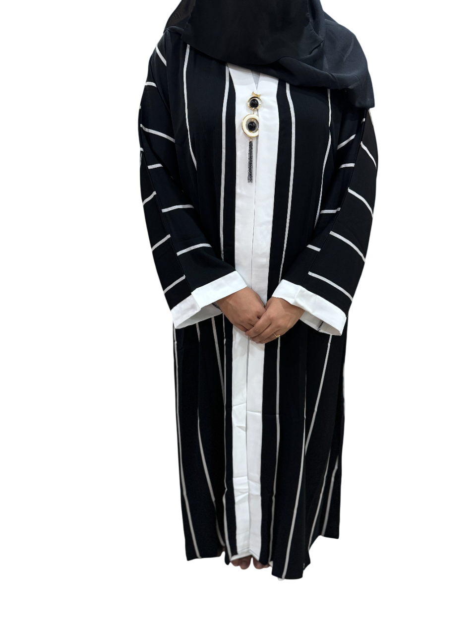 Black Layered Abaya with Stripes