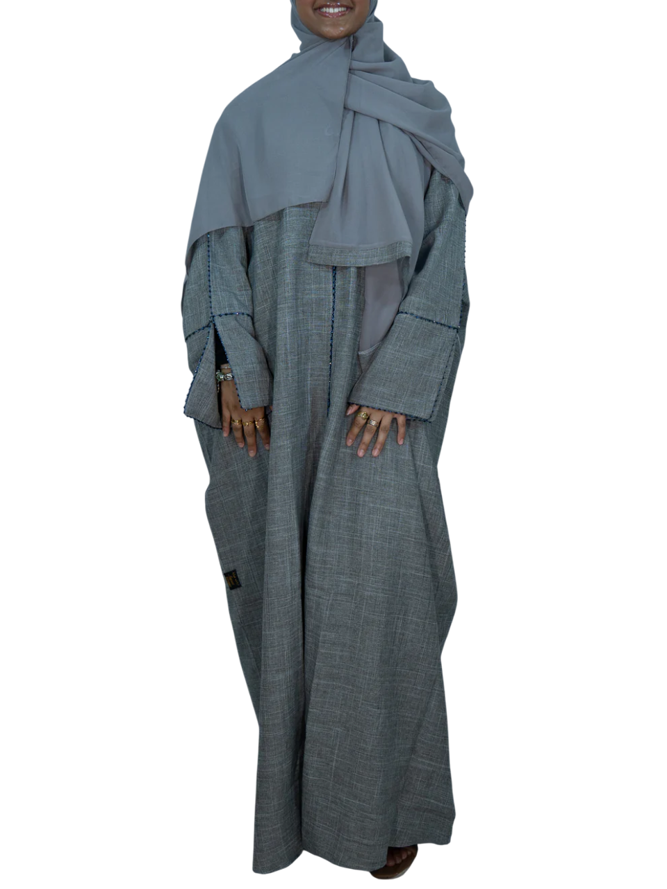 Grey Linen Abaya with Handwork Detailing