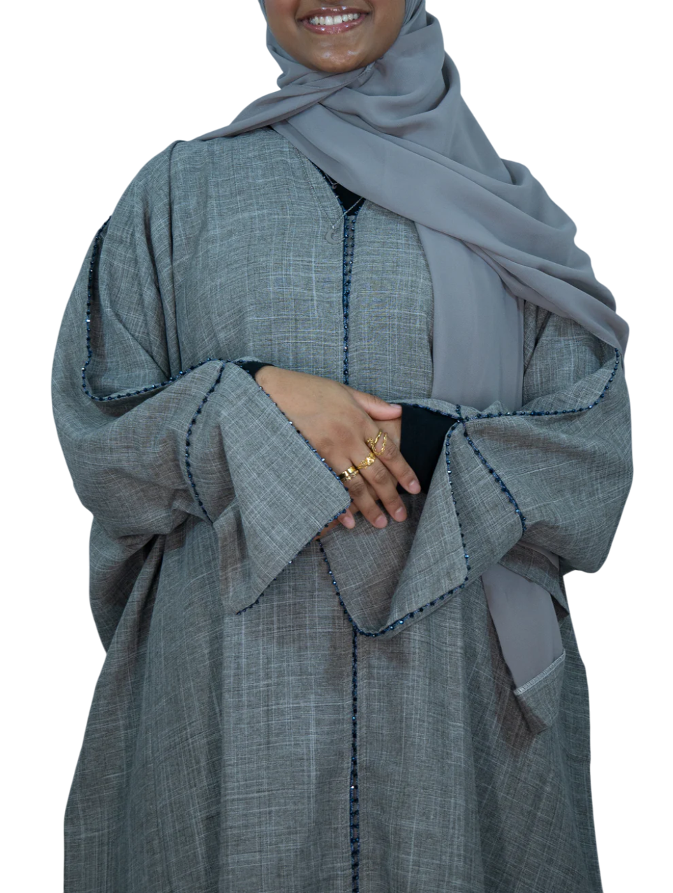 Grey Linen Abaya with Handwork Detailing
