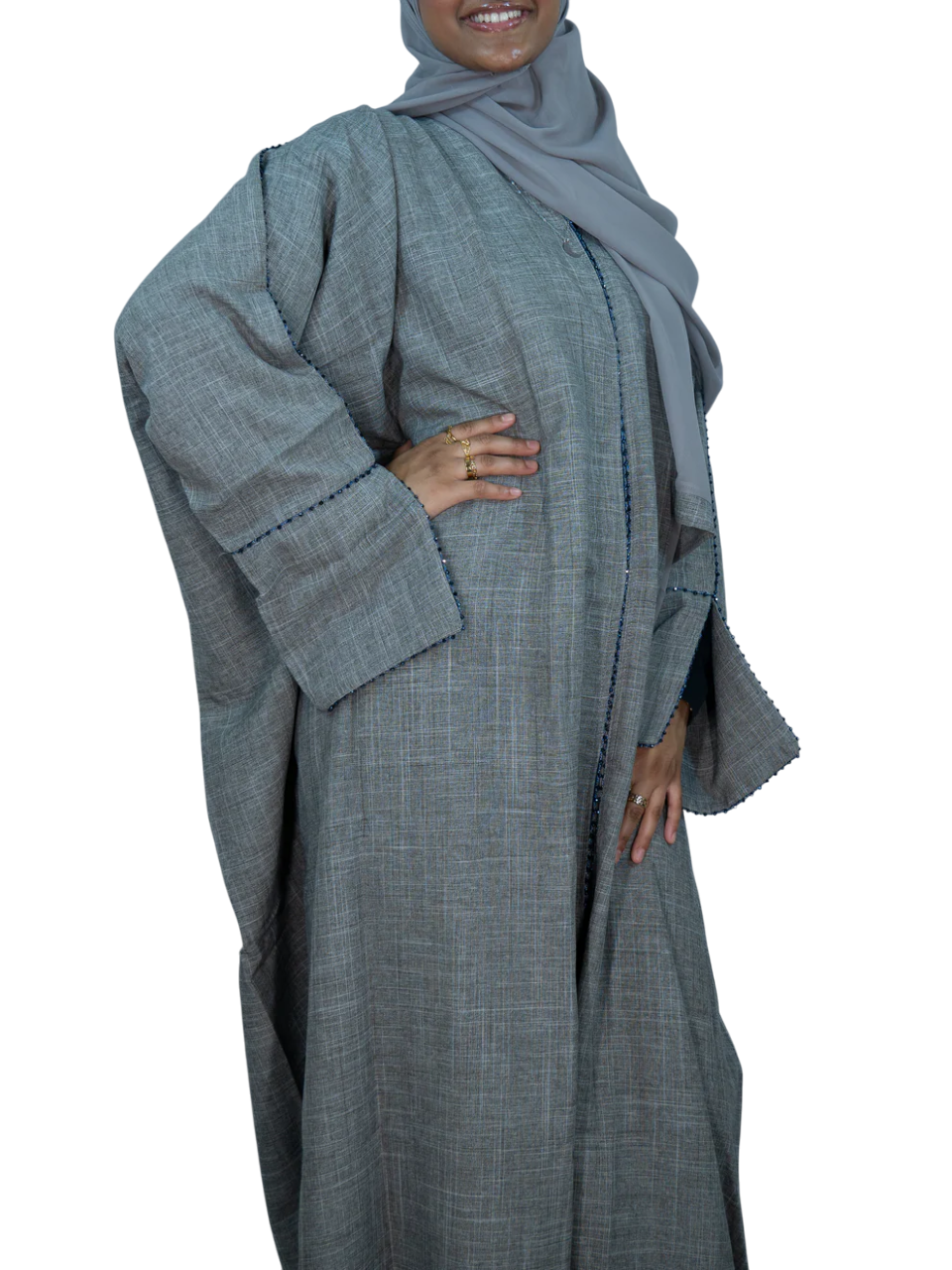 Grey Linen Abaya with Handwork Detailing